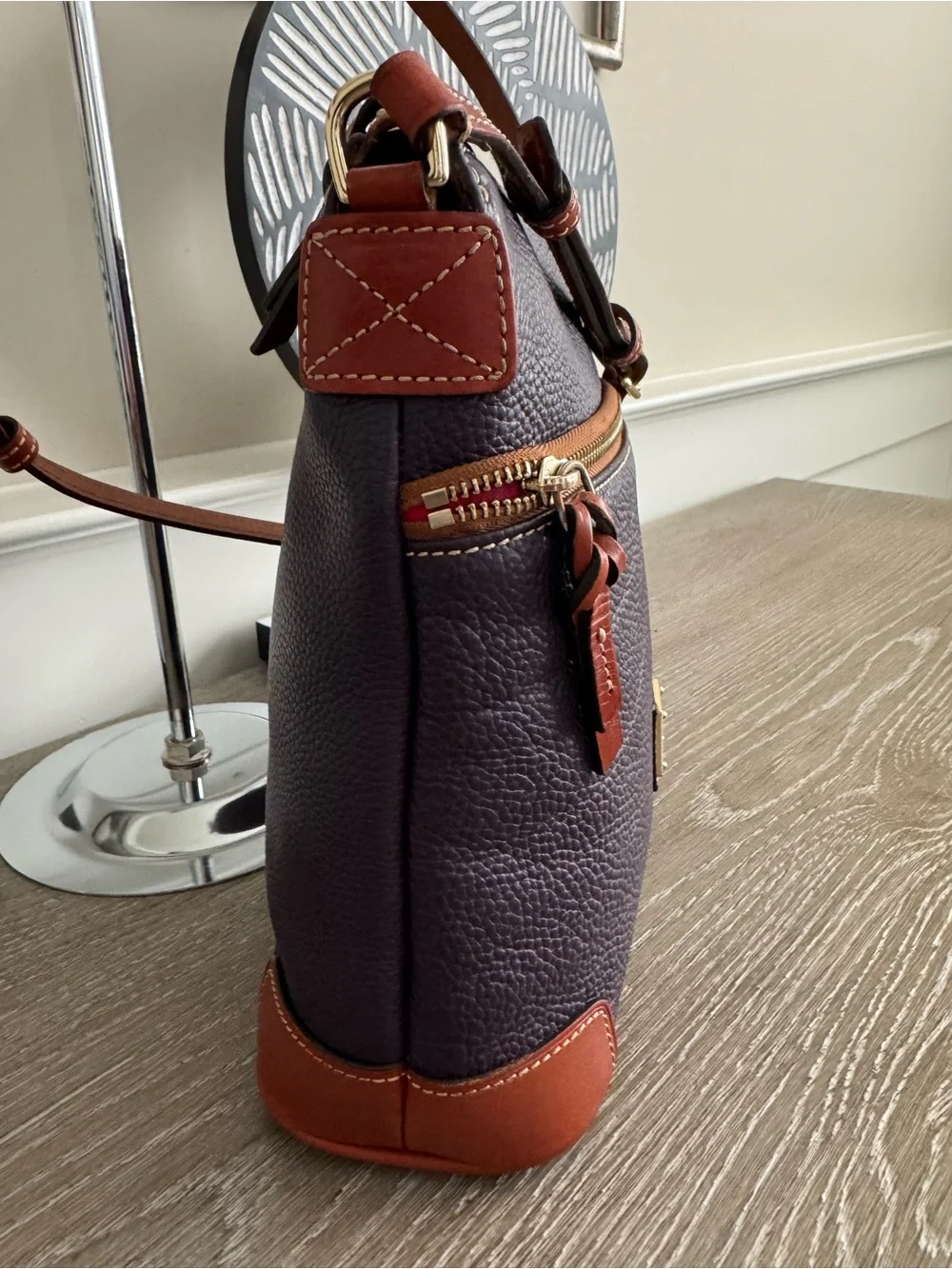 Dooney & Bourke Purple Pebble Leather Crossbody with Tan Trim